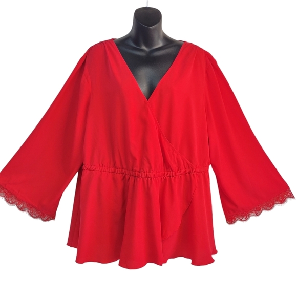 Lane Bryant Tops - Lane Bryant Top Blouse Women's Red Wrap V-Neck Lace Cuff Size 22 NWT